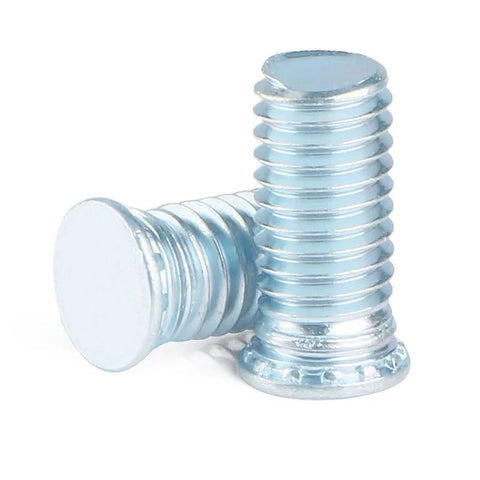 Galvanized steel flat-head bolts; two pieces with threaded shafts.