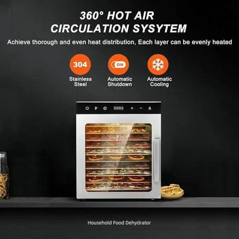 No Sweat 10 Tier Electric Food Dehydrator With Stainless Steel Shelves And Simple Digital Controls, displaying a 360° hot air circulation system.