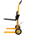 Straight Up Heavy Duty Manual Hydraulic Pallet Stacker With 440 Lb Load Capacity And 35.5 Inch Lift Height side view with sturdy steel frame and wheels.