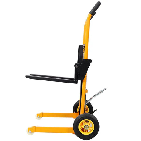 Straight Up Heavy Duty Manual Hydraulic Pallet Stacker With 440 Lb Load Capacity And 35.5 Inch Lift Height side view with sturdy steel frame and wheels.