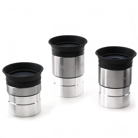 1.25 Inch Multi-Coated Telescope Eyepiece Set With Soft Eyecups 4mm 10mm And 20mm On White Background