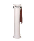 Floor Stand Knock Box For Espresso Grounds, 8.6L No Sweat Canister with brown cloth hanging, sleek matte white finish.