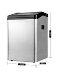Bad Ass High Capacity Ice Maker Pumping 55 Kilos Of Round Cubes Daily, silver stainless steel construction, dimensions shown.