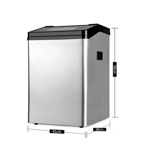 Bad Ass High Capacity Ice Maker Pumping 55 Kilos Of Round Cubes Daily, silver stainless steel construction, dimensions shown.