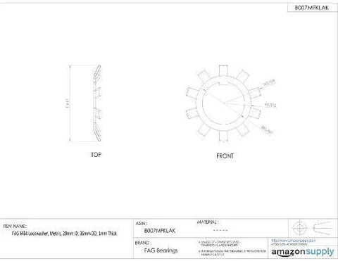Lockwasher FAG MB4, Amazon, metric, 20mm ID, 36mm OD, 1mm thick; front and top views