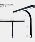 Boss Level LED Desk Lamp With Clamp, 3000 Lumens Of Bright Dimmable Light, dimensions labeled, side and front view