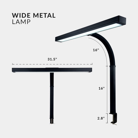 Boss Level LED Desk Lamp With Clamp, 3000 Lumens Of Bright Dimmable Light, dimensions labeled, side and front view