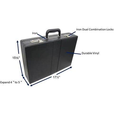 Premium Black Expanding Document Portfolio With Secure Combination Lock And Roomy File Compartments Slick Vinyl Business Carry Case dimensions shown.
