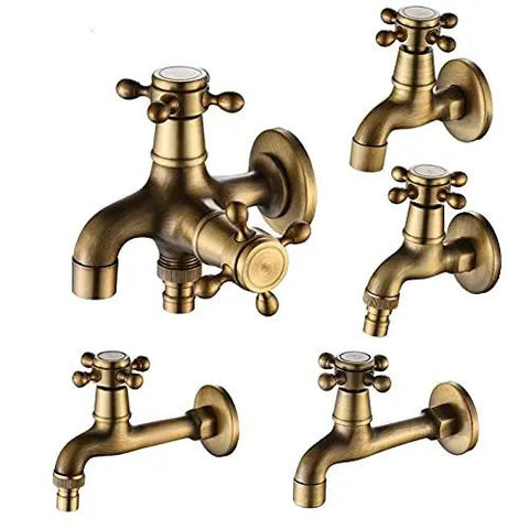 CUTPOIY Vintage Brass Wall Mounted Kitchen Sink Mixer Tap Single Cold Faucet for Laundry Outdoor Garden Balcony Washing Machine Mop Pool Durable and Stylish, Washing Machine L - close-up view of multiple taps showcasing design and details.
