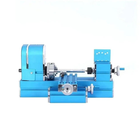 High Speed Mini Metal Micro Lathe Machine For Precision Turning Projects 12V Desktop Milling Tool W10003 Model in blue color.