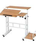 Effortless Height Adjustable Rolling Computer Desk, Foldable Standing Laptop Table with wooden top and white rust proof frame