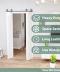 Bi-Folding Sliding Barn Door Hardware Track Kit 72 Inch For Four Doors In Black Finish installed above door frame