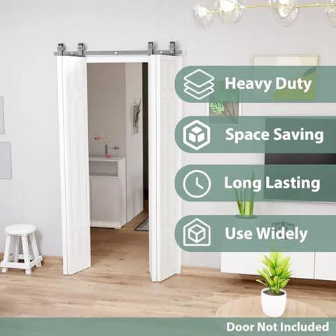 Bi-Folding Sliding Barn Door Hardware Track Kit 72 Inch For Four Doors In Black Finish installed above door frame