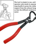 Exhaust hanger removal pliers with red handles and black jaws for rubber exhaust hangers