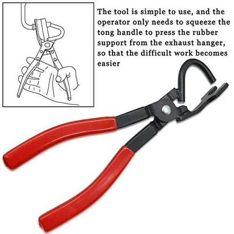 Exhaust hanger removal pliers with red handles and black jaws for rubber exhaust hangers