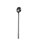 Long stainless steel spoon with rounded bowl and sleek handle on white background.