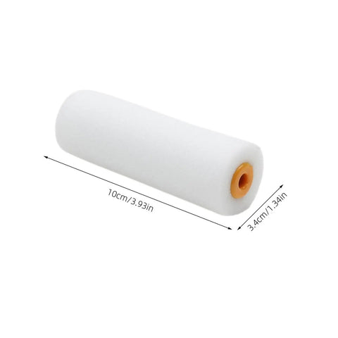 Ten Pack Of White Sponge Paint Roller Covers For Walls And Ceilings No Drama Mini Size Slick Operation Great For Diy Renos Quick Change Design Smooth Operator Finish Every Time, close-up of a mini foam roller.