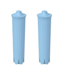 Two blue superior water filter replacements for coffee makers, designed to soften rough tap water and enhance flavor.