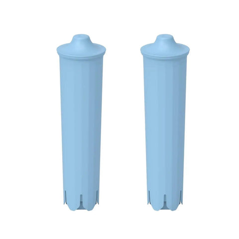 Two blue superior water filter replacements for coffee makers, designed to soften rough tap water and enhance flavor.
