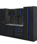 Heavy Duty 9 Piece Garage Tool Storage Workbench With Locking Drawers And Stainless Steel Top Rock Solid Modular Workshop Setup with black finish.