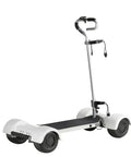 Electric Four Wheel Folding Golf Cart Skateboard Trolley Boasting Easy Peasy Portability And Smooth Twenty Kilometer Hour Cruising For Chill Weekend Getaways And Hassle Free City Adventures Right Now. Compact white electric four wheel scooter with a sturdy handle.