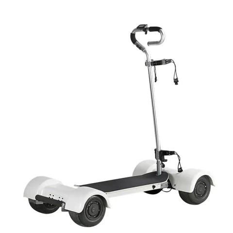 Electric Four Wheel Folding Golf Cart Skateboard Trolley Boasting Easy Peasy Portability And Smooth Twenty Kilometer Hour Cruising For Chill Weekend Getaways And Hassle Free City Adventures Right Now. Compact white electric four wheel scooter with a sturdy handle.