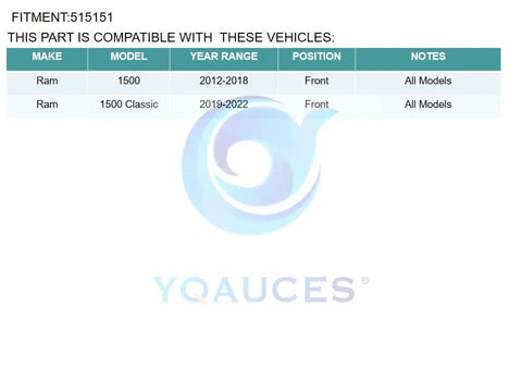 Compatibility chart for Front Wheel Hub And Bearing Assembly for Dodge Ram 1500 2012 2018 and Ram 1500 Classic 2019 2022 with 5 Lug ABS