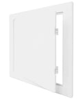 Top Shelf 6X6 White ABS Drywall Access Panel With Slick Paintable Surface For Plumbing Electrical HVAC Repair Tight Fit Outdoor Corrosion Proof Cover No Sweat Heavy Duty Build Long Lasting, angled view showing the open access door.