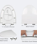 Solid Build Soft Close Elongated White Toilet Seat With Quick Release Hinges dimensions and installation details viewed from multiple angles.
