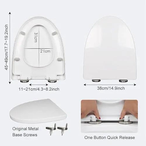 Solid Build Soft Close Elongated White Toilet Seat With Quick Release Hinges dimensions and installation details viewed from multiple angles.