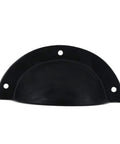 Front view of a single cast iron cup drawer pull from a set of 10 with black coated finish. Dimensions: 3.75 x 1.63 inches, 3.25-inch cup diameter.