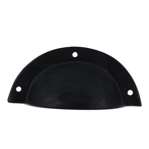 Front view of a single cast iron cup drawer pull from a set of 10 with black coated finish. Dimensions: 3.75 x 1.63 inches, 3.25-inch cup diameter.