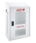 AED cabinet with alarm, steel, wall-mounted; front view with glass window panels and FIRST AID label