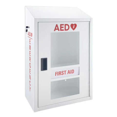 AED cabinet with alarm, steel, wall-mounted; front view with glass window panels and FIRST AID label