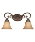 Double Scrolled 2-Light Vanity Light In Forged Sienna With Warm Amber Glass Damp Rated Bathroom Fixture Steel Construction Rustic Modern Style For Hallways Or Powder Rooms