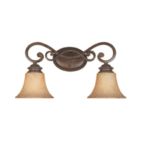 Double Scrolled 2-Light Vanity Light In Forged Sienna With Warm Amber Glass Damp Rated Bathroom Fixture Steel Construction Rustic Modern Style For Hallways Or Powder Rooms