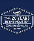 National Hardware logo with text 'Over 120 Years in the Industry, Hardware Reimagined, Est. 1901' in white on blue background.