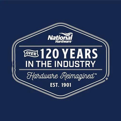 National Hardware logo with text 'Over 120 Years in the Industry, Hardware Reimagined, Est. 1901' in white on blue background.