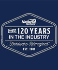 National Hardware logo with text 'Over 120 Years in the Industry, Hardware Reimagined, Est. 1901' on a blue background.