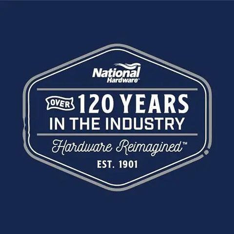 National Hardware logo with text 'Over 120 Years in the Industry, Hardware Reimagined, Est. 1901' on a blue background.