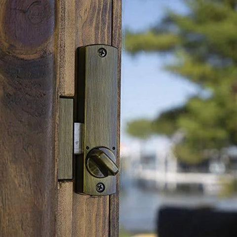 C150AB surface-mount hook bolt latch on wooden post, bronze finish