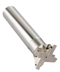 HSS dovetail cutter end mill with silver cylindrical shank and square head, angled side view