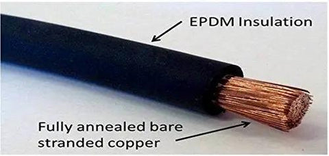 Close-up of 6 AWG Beefy Dual Color Battery Cable Set 20 Ft Black And Red Pure Copper Flexible Wire showing copper strands and EPDM insulation.