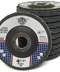 Jumbo Zirconia Type 29 Flap Discs 4.5 By 7/8 Inch Heavy Duty High Density Sanding Wheels 80 Grit displayed with stack