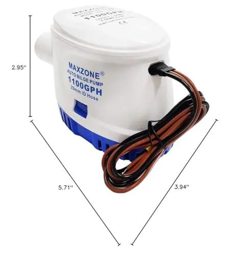 Side view of Automatic Submersible Bilge Pump For Boats, 12V 1100 GPH With Built-In Float Switch and 1-1/8 Inch outlet.