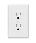 Rock Solid White Duplex Receptacle Outlet With Tamper Resistant Shutters And Wall Plate Included, shown front view.
