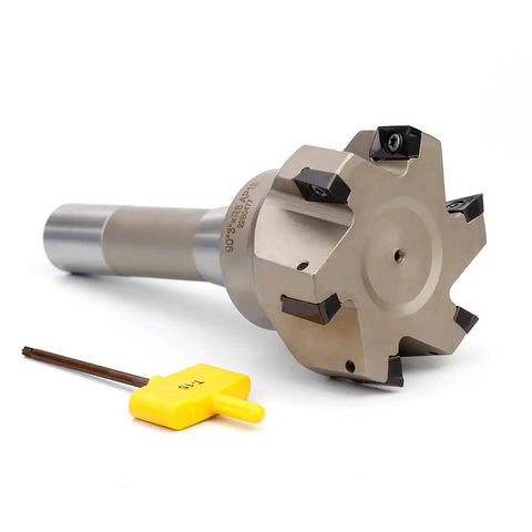 Beefy Heavy Duty Indexable End Mill With R8 Shank And 3 Inch Cutting Diameter For Milling, Six Flutes, Nickel Plated with wrench