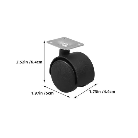 4pcs Inch Swivel Plate Casters for Rolling Chairs and Office Furniture, individual black caster, dimensions showing size.