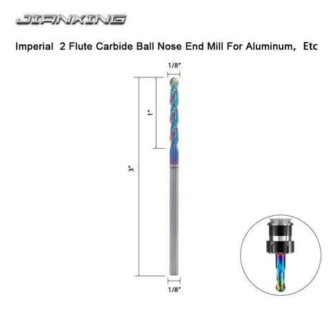 Extra Long DLC Coated Ball Nose End Mill One Eighth Inch Two Flute Carbide Cutter For Aluminum Copper Alloys And Plastic