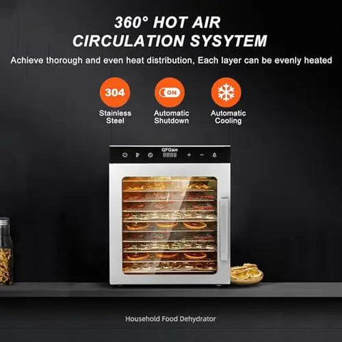 Top Shelf Home Freeze Dryer Machine For Food Dehydration Featuring Ten Roomy Stainless Steel Trays And A Kickass 1000W 360 Degree Airflow Setup For Swift Jerky Fruit Meat Preservation No Sweat, showcasing a 360° hot air circulation system with stainless steel design.